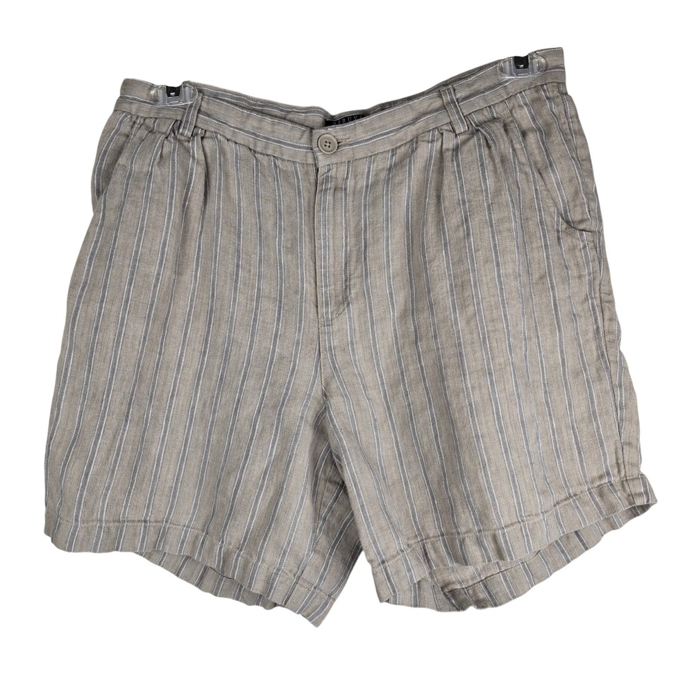 Peruvian Connection 100% Linen Striped Shorts Tan Beige Blue Size 12 Pleated